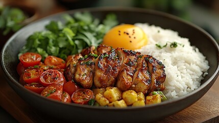 Grilled Chicken Rice Bowl with Cherry Tomatoes and Fried Rice