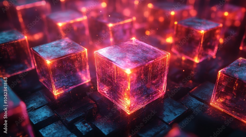 Aufkleber Bright, illuminated cubes sparkle in a dark environment, creating a mesmerizing display of light and color. The vibrant hues invite exploration and wonder.