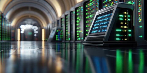 A sleek data center features rows of illuminated server racks, each glowing with colorful lights, embodying cutting-edge technology in a modern design
