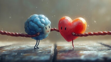 Illustration of a brain and heart connecting with a rope, symbolizing balance between logic and emotions.