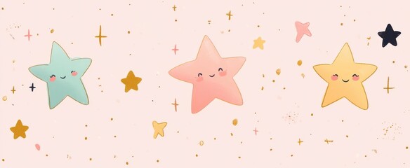 Playful and whimsical stars design with hand-drawn minimalist style in pastel colors on soft pink background