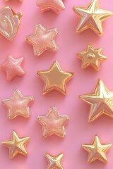 A set of small, gold star-shaped icons on pink background