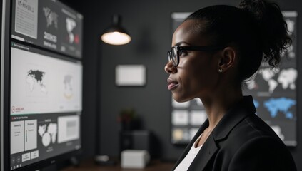 Black female IT specialist examining cyber threats ARAI elements side-profile view with copy space for text overlay
