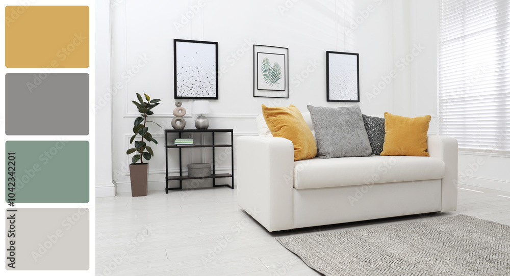 Sticker Stylish living room with comfortable sofa near white wall. Interior design and matching color palette