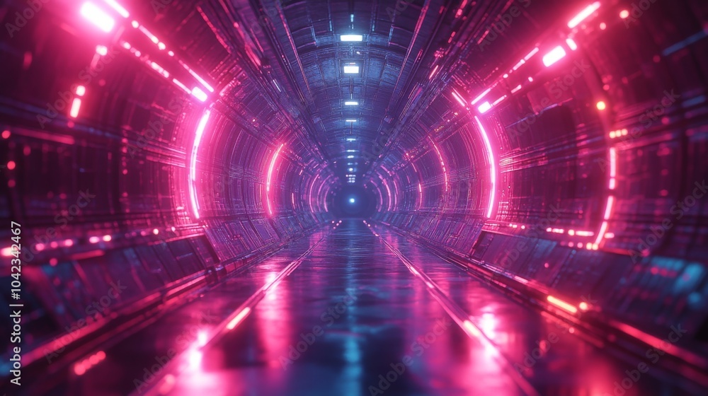 Poster this futuristic corridor features bright pink and blue neon lights illuminating the sleek walls and 