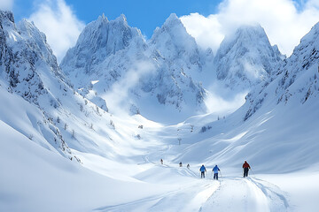 Skiers navigating down snowy mountain slopes, with stunning winter mountain views and a clear sky, enjoying an exciting day of skiing.

