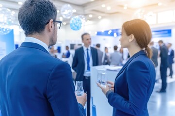 Two professionals engage in conversation while holding glasses of water, surrounded by a lively crowd at a business networking event in a contemporary setting