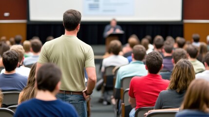 Obraz premium A captivated crowd attentively listens as the speaker engages them, creating an atmosphere of learning and curiosity in a vibrant university setting