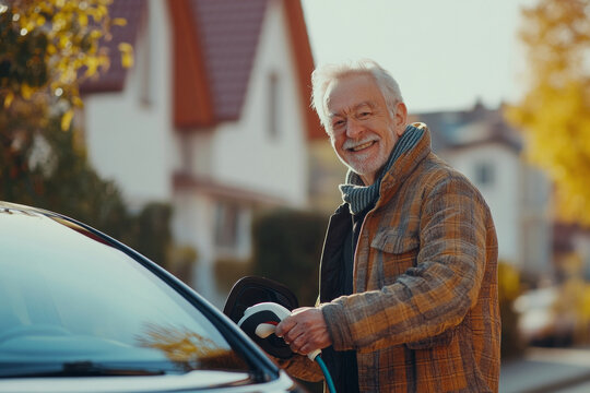 A cheerful gray-haired elderly man charges his electric car in the backyard on a sunny day