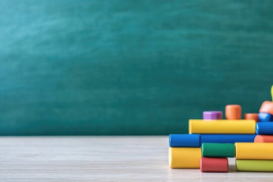 A collection of colorful building blocks is arranged on a smooth surface, inviting creativity and playfulness in an educational setting, perfect for young learners