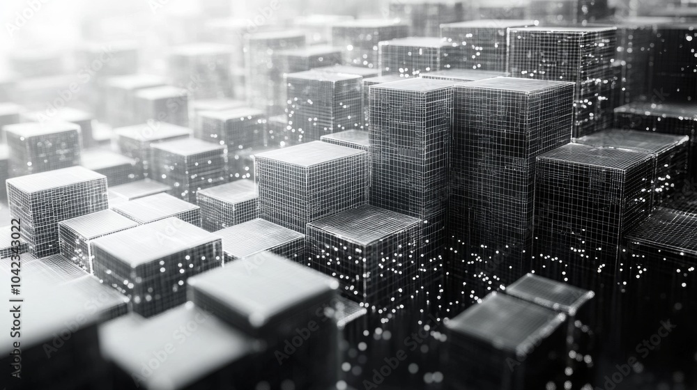 Poster An intricate arrangement of geometric structures forms a modern cityscape, with glowing elements and a misty backdrop creating a captivating atmosphere, suggesting innovation and advancement.