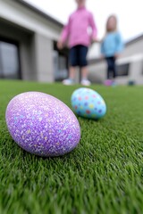 Naklejka premium Two colorful Easter eggs lie among lush green grass, while children joyfully explore their surroundings on a warm spring day filled with laughter