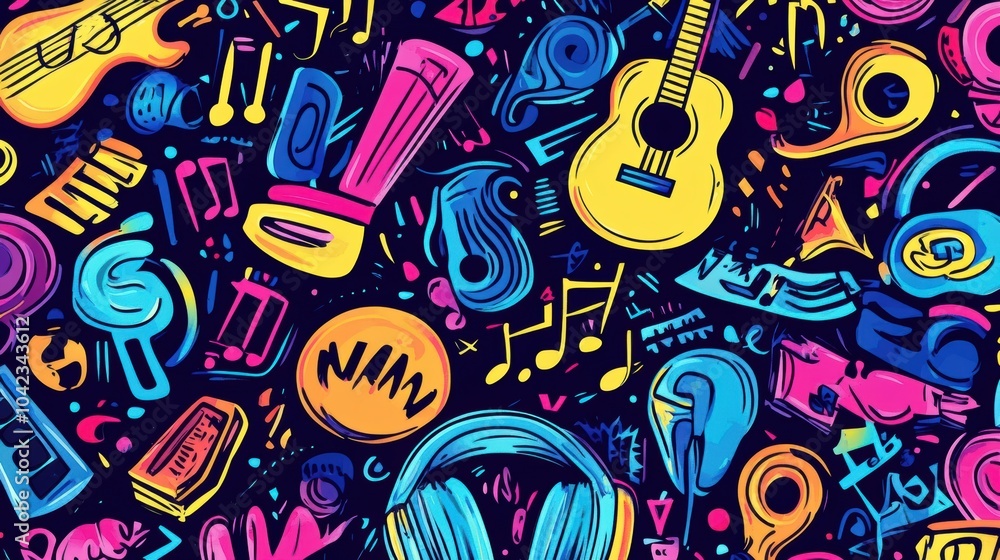 Poster a vibrant assortment of musical doodles showcases instruments, notes, and sound waves in a lively an