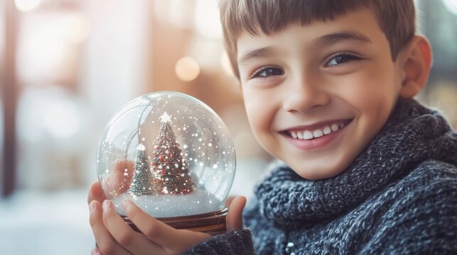 Joyful Boy Holding Snow Globe with Christmas Tree