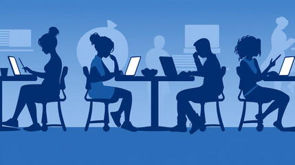 Silhouettes of people sitting at desks, each working or studying with a stylus on their laptops and notebooks, set against a blue background with soft lighting. 