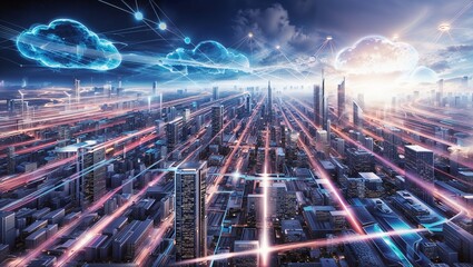 Fototapeta premium A technologically advanced smart city, every aspect exudes modernity and efficiency, a seamless network of wireless connections powering cloud computing services. The high speed internet enables globa