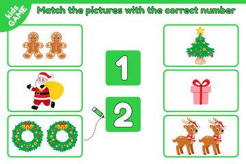 Christmas math educational kids game. Count objects, match it with the correct number. Counting worksheet with cartoon Santa Claus, reindeer and other. Activities book for children education. Vector.
