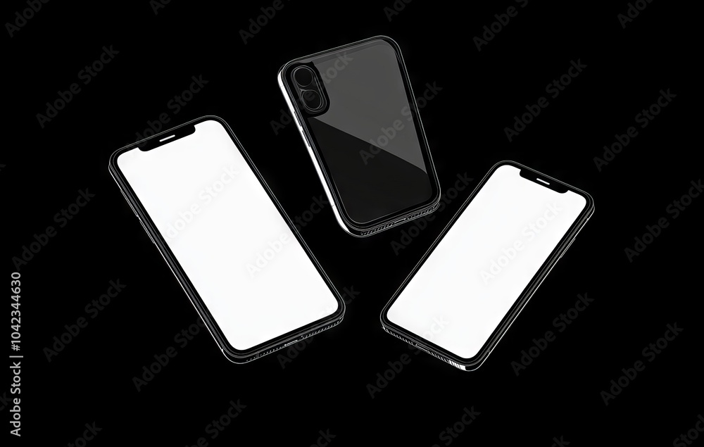 Poster detailed smartphone layout with a blank screen and multiple views across the screen, on a black and 
