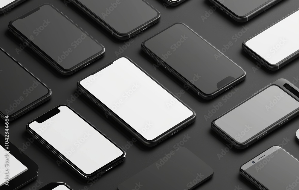 Poster modern mobile device concept with white and black background on a blank screen. different views and 