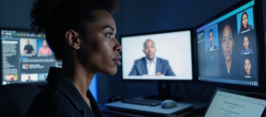 Close-up of African American woman watching videos in dimly lit room with blue accent lighting