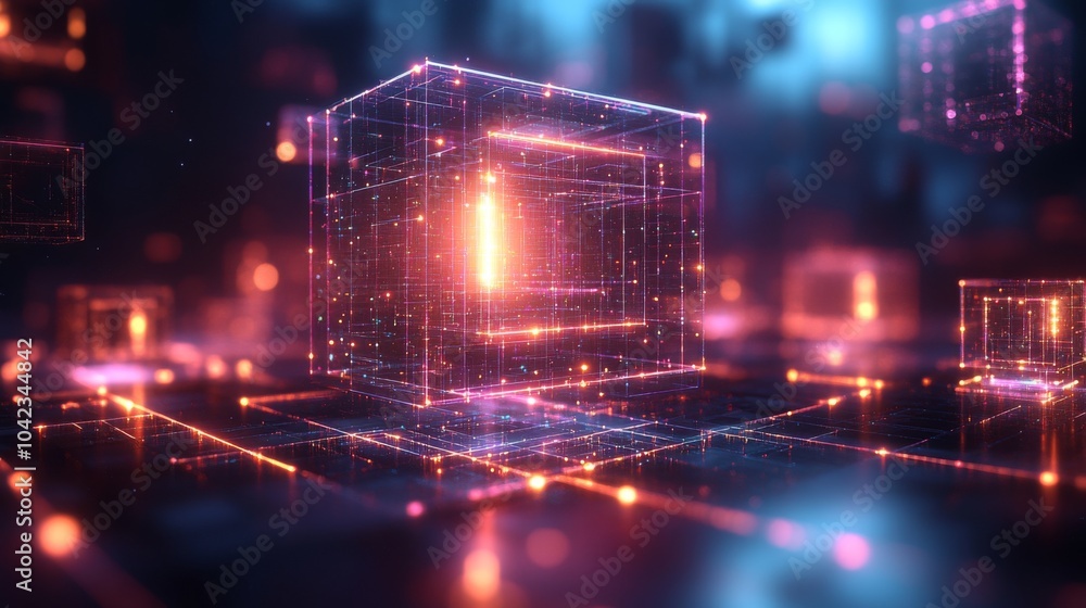 Poster Illuminated cubes float in a vibrant, futuristic digital space, creating a mesmerizing display of color and light, highlighting technological innovation and artistry.
