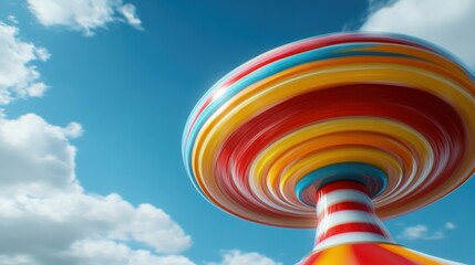 Obraz premium Colorful spinning amusement ride against a vibrant blue sky with fluffy clouds, AI