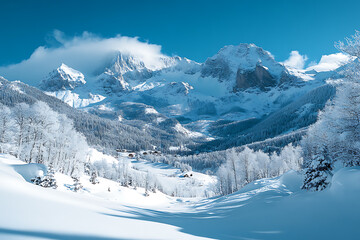 Fototapeta premium A stunning view of a snow-covered mountain range beneath a clear blue sky, with sunlight illuminating the peaks and showcasing the beauty of winter.