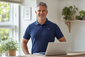 Man with short grey hair, wearing a blue polo shirt, standing at a standing desk with a laptop, bright home office, determined expression, front view 1