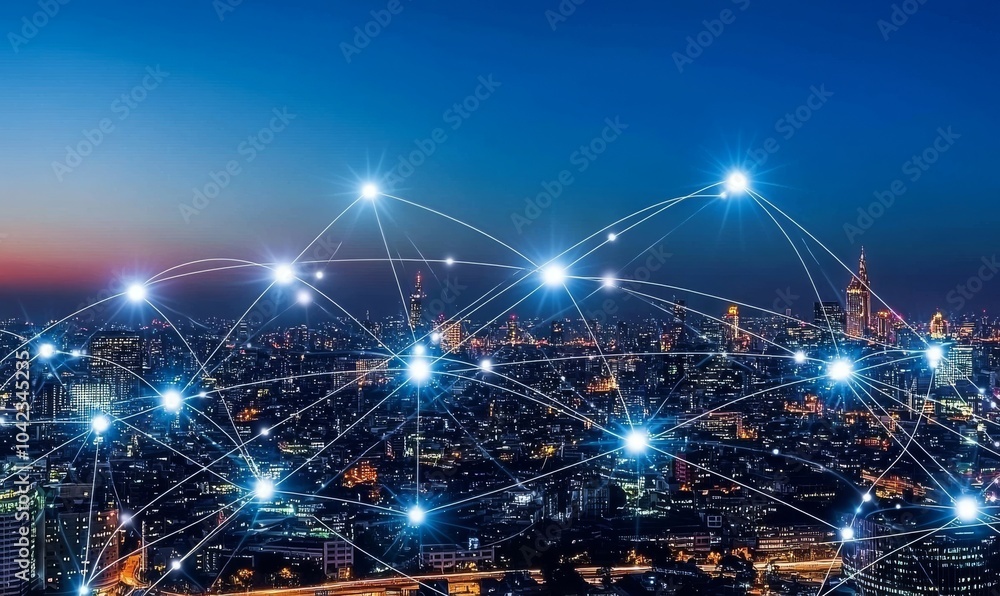 Poster Connected city with dots and gradient lines, technology for big data connection.