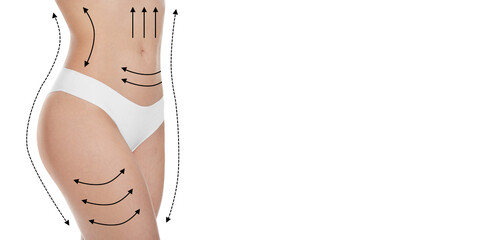 Woman with perfect slim body on white background, closeup. Figure correction arrows. Banner design...