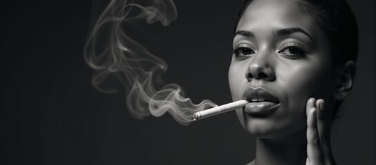Fototapeta premium Image portrays a close-up portrait of an African American woman with focus on her face as she smokes during World No Tobacco Day