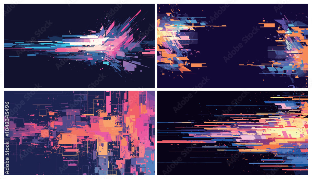 Poster abstract glitch background set. digital static pixel pattern backdrop, video data noise cyberpunk sc