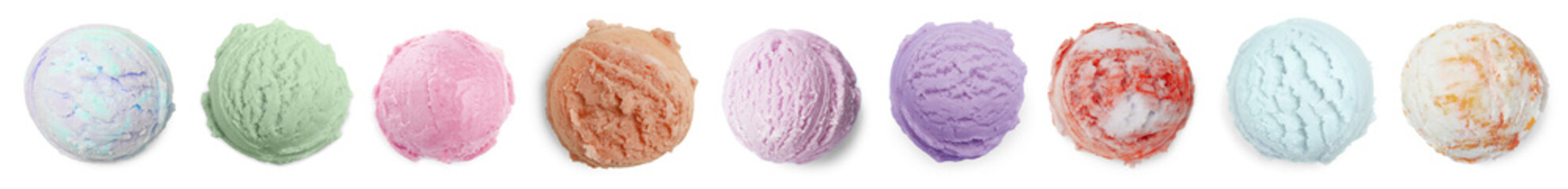 Ice cream balls of different flavors isolated on white background