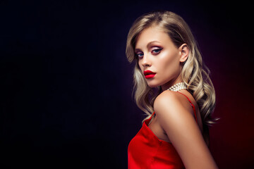 Naklejka premium Photo of gorgeous lady wife on vip private cocktail party isolated on dark color background