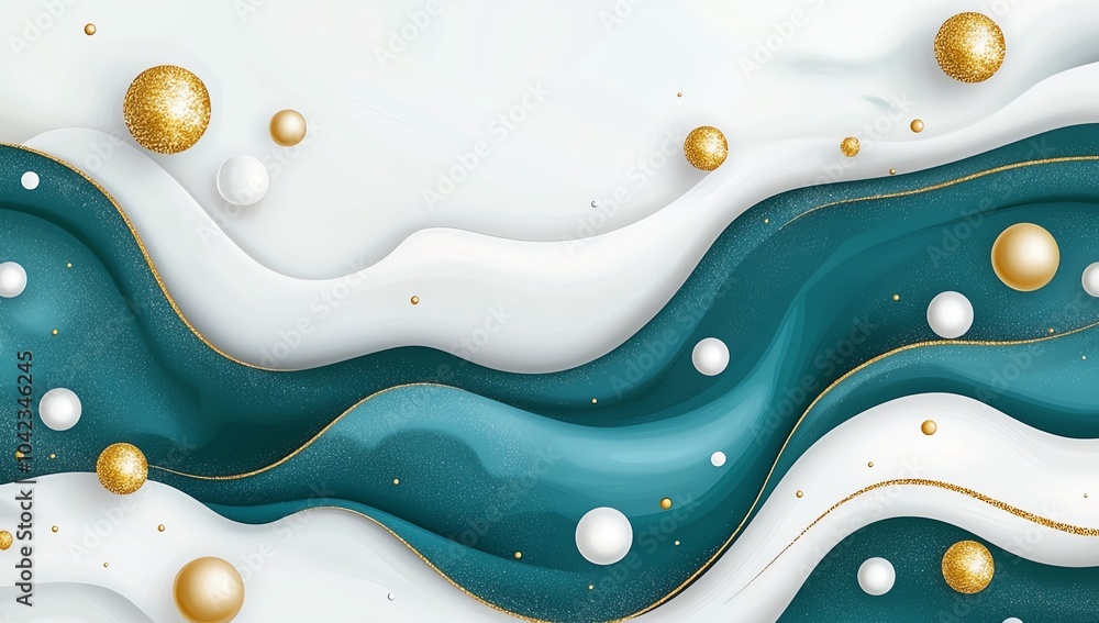 Poster abstract 3d waves with gold and white spheres, creating an elegant, modern design. blue and white la