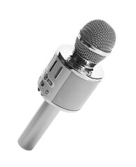 One silver karaoke microphone isolated on white