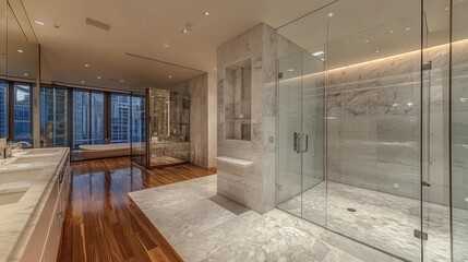 Modern Bathroom with Large Glass Shower and Window Views