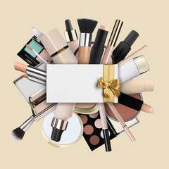 Many different makeup products and empty gift card on beige background