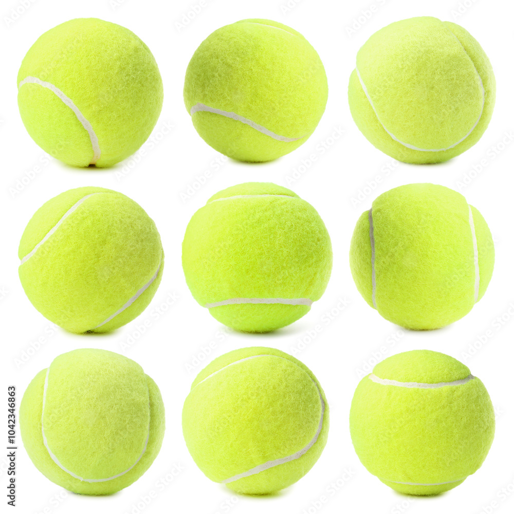 Poster Bright tennis ball isolated on white, collage