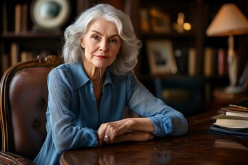 Obraz premium Elderly woman with grey hair, wearing a blue blouse, sitting at a classic wooden desk, traditional office, thoughtful look, front view 2