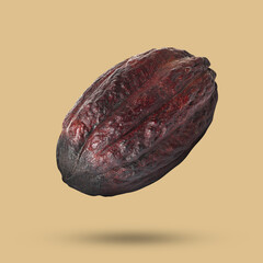 Cocoa pod in air on dark beige background