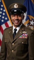 A proud and confident smiling African-American veteran depicted in a military uniform Generated