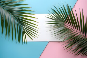 Two palm leaves on a pink and blue background