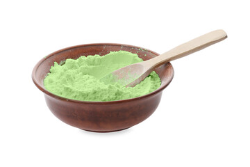 Hemp protein powder in bowl on white background