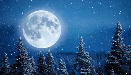 Naklejka premium A full moon on a snowy night, forest of evergreen trees