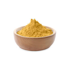 Hemp protein powder in bowl on white background