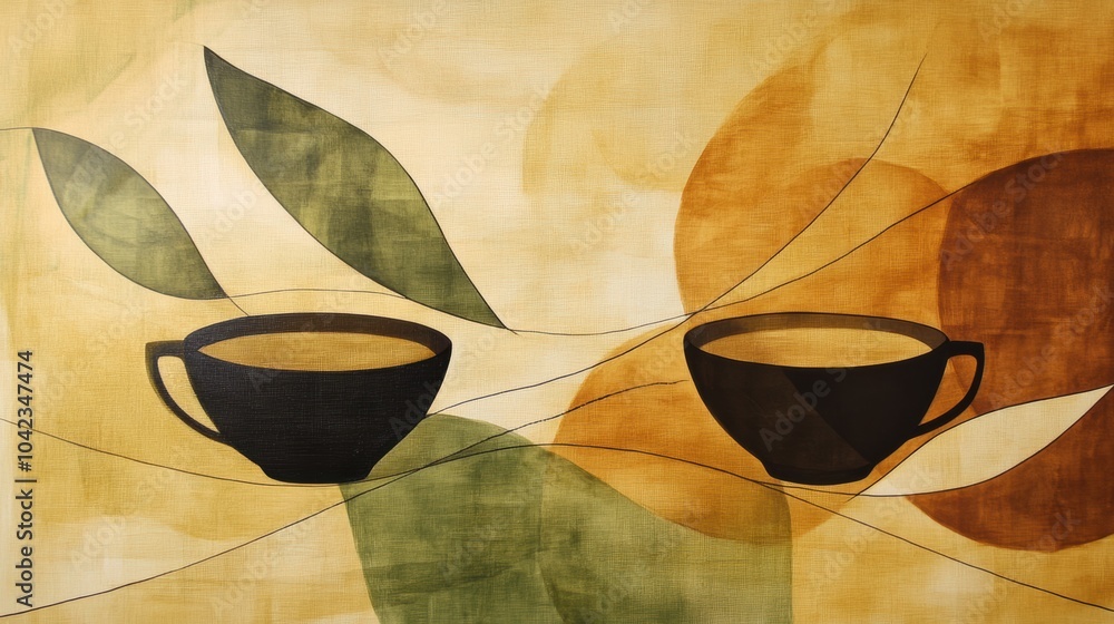 Poster the artwork features intertwining lines representing tea leaves and cups, showcasing a tranquil and 