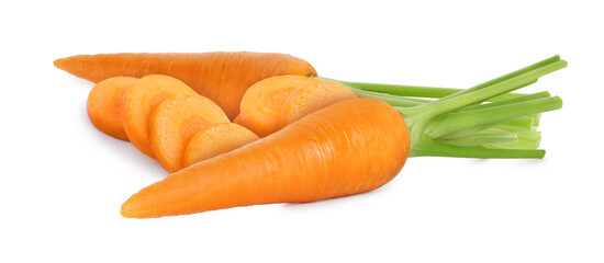 Fresh ripe carrots on white background. Whole and sliced