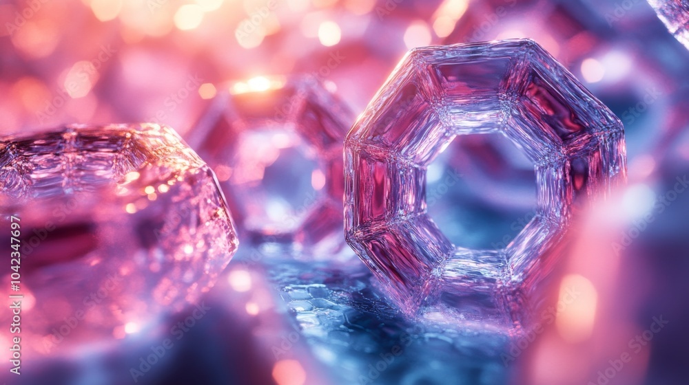 Aufkleber Intricate hexagonal crystals are arranged in a captivating display, reflecting a spectrum of colors under gentle lighting, creating an abstract and mesmerizing effect.