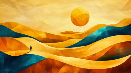 Lone figure walking through a colorful abstract desert landscape under a bright sun